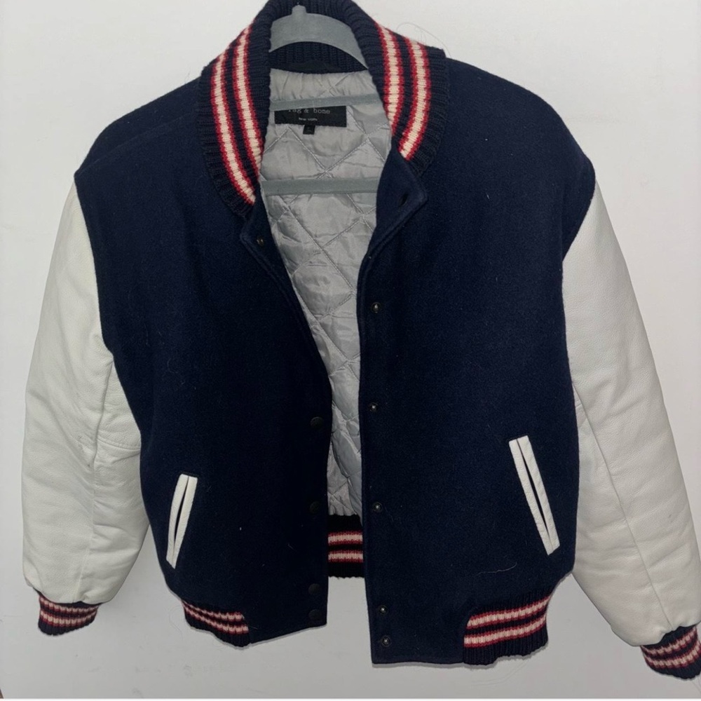 rag & bone Navy and White Varsity Jacket with Red Trim